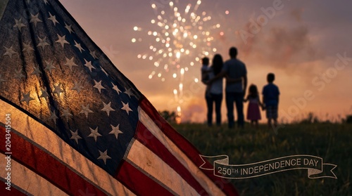 USA 250th anniversary Independence Day golden hour flag family polished holiday composition warm family gathering mood flag closeup with family gathering beyond creates warm national anniversary
