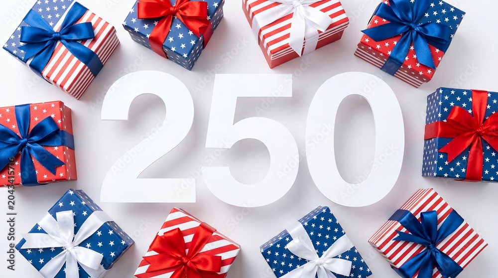 Obraz premium USA 250th anniversary Independence Day patriotic gift boxes polished holiday composition warm family gathering mood wrapped red white and blue presents with large 250 numbers create clean celebration