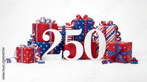 USA 250th anniversary Independence Day patriotic gift boxes festive closeup perspective bright public celebration view wrapped red white and blue presents with large 250 numbers create clean