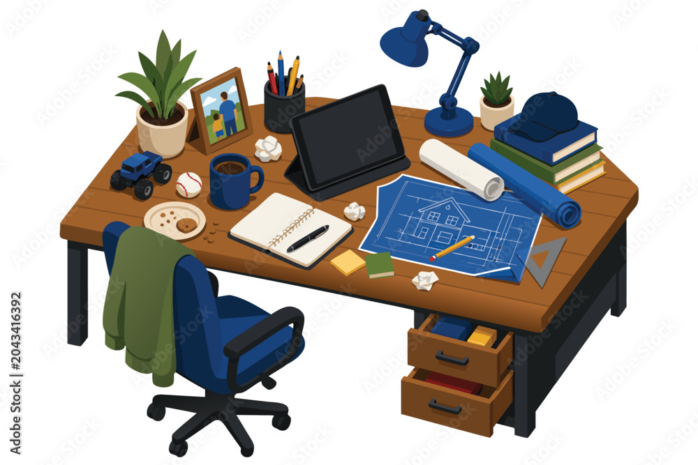 Fototapeta premium Cozy and messy fathers home office desk isometric vector illustration featuring a generic tablet device, blueprints, drafting tools, and a cup of coffee for a creative workspace environment.