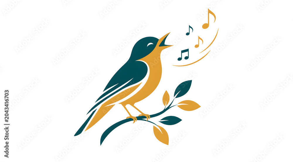 Fototapeta premium Nightingale bird illustration with branch, leaves and musical notes on white background