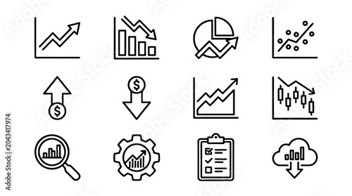 Fotografie Increase and decrease business graph outline icon set