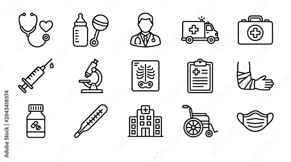 Naklejka premium Healthcare line icons set with medical equipment and hospital symbols