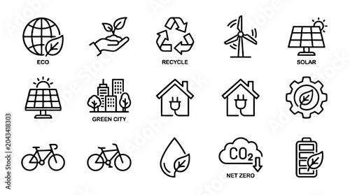Quadro su tela Net zero and renewable energy outline icon set