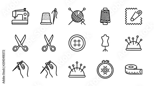 Bild auf Leinwand Sewing and knitting line icon set with craft tools