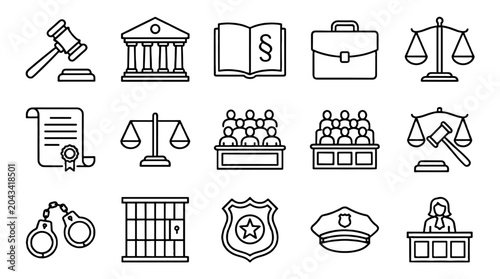 Law and justice line icon set with court and legal symbols