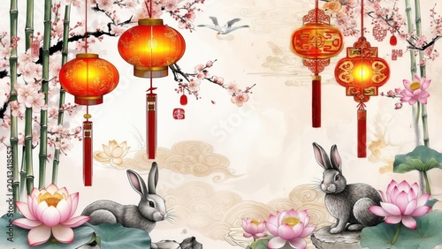 Rabbits, lanterns, and cherry blossoms