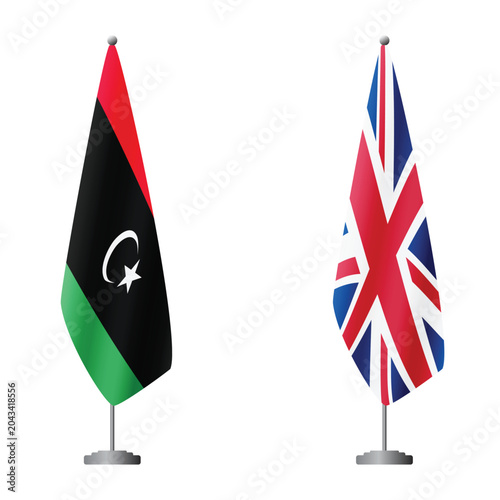 Photos Libya and United Kingdom flags on flagpoles for official ceremonies and meetings