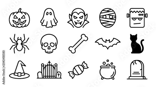 Tableau sur toile Halloween outline icon set with pumpkin ghost vampire and bat
