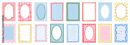 Frames, borders, and background. Vector cute illustrations of striped bakery frames with gingham, vignette, oval, and label border. Blank cake card templates for dessert menu, packaging, invitation, a