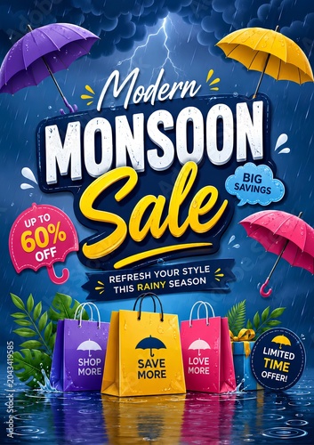 Monsoon sale banner with colorful rain themed elements - ai generative