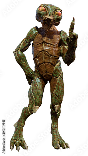3D Rendering Green Alien on White