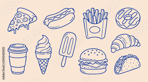Fast Food Hand Drawn Icon Set for Menu and Cafe Design