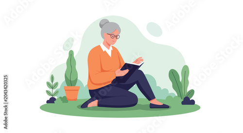 Принти на полотні An elderly woman with glasses and gray hair sits on the green grass in a peaceful garden, immersed in reading a book amidst lush green plants
