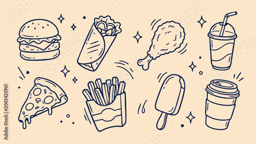 Fast Food Doodle Hand Drawn Set for Restaurant Menu Design