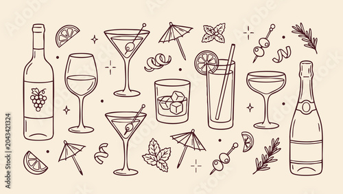 Foto Cocktail and Wine Icon Vector Set for Bar Menu Design