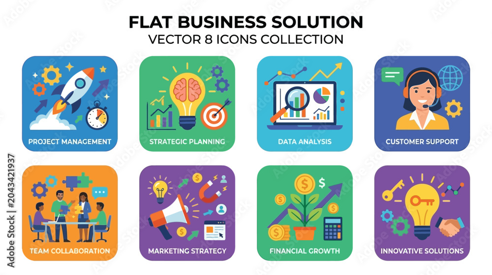Fototapeta premium Dynamic Flat Business Solution Vector Icons Collection for Strategic Planning, Data Analysis, Team Collaboration, Marketing Strategy, and Innovative Growth
