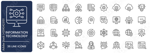 Information technology icon set. Collection of cloud computing, IT infrastructure, software development, big data and cybersecurity line icon vector illustration with editable stroke.