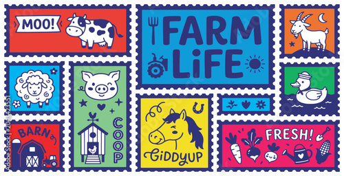 Konstfotografi Collection of cute farm animal illustrations in postage stamp format with farm-related text and icons