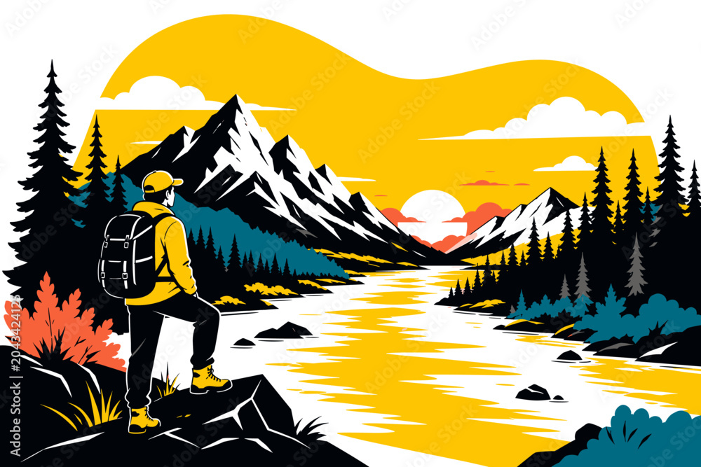 Fototapeta premium A hiker stands by a river, surrounded by vibrant mountains and trees, in a modern, colorful illustration style
