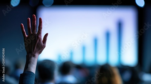 Audience member raises hand at presentation