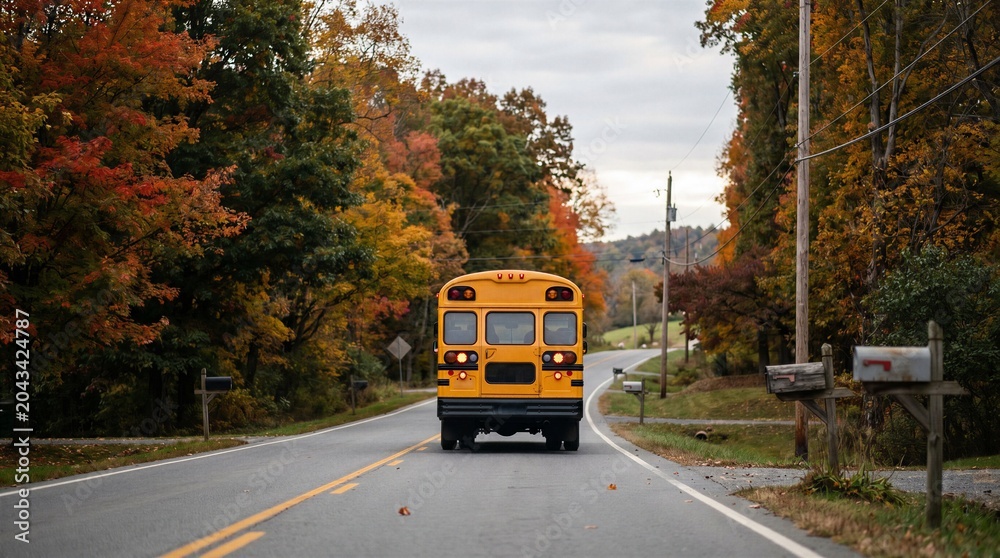 Obraz premium Yellow school bus driving on rural road through autumn trees, student transportation and back to school commute.