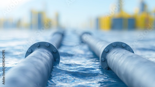 Two parallel pipelines emerge from rippling water toward distant industrial structures