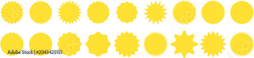 Set of yellow sale badge shapes and starburst labels in various styles. Collection of promotional stickers, discount tags and marketing elements isolated on transparent background