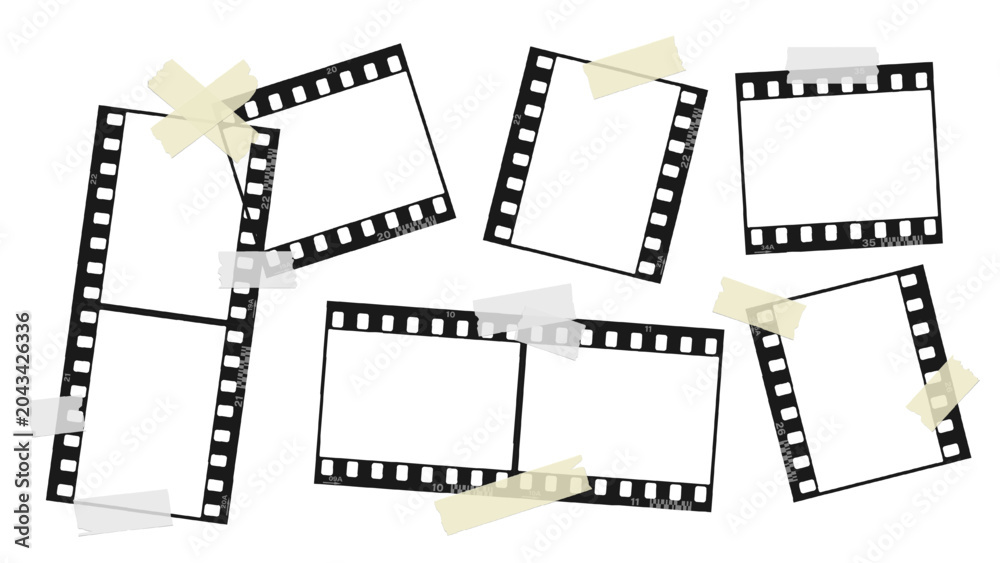 Fototapeta premium Trendy vintage photo strip with torn pieces of adhesive tape. Retro grunge film strip on transparent background. Template for vintage collage design.