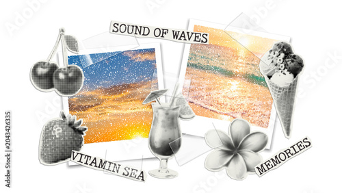 Vector trendy  halftone cutout summer elements and vintage photo frame, stickers on transparent background. Modern collage template with stipple effect for collage, poster, banner, cover design.