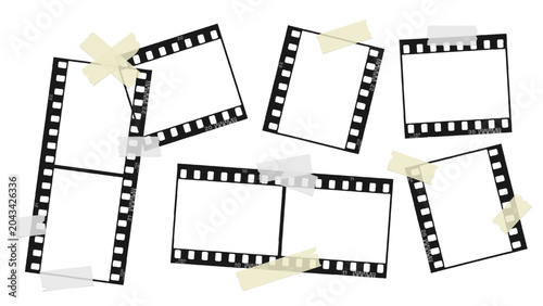 Trendy vintage photo strip with torn pieces of adhesive tape. Retro grunge film strip on transparent background. Template for vintage collage design.