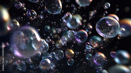 Colorful soap bubbles floating in the air, reflecting light, creating a visual display with various sizes and shapes in a dark background