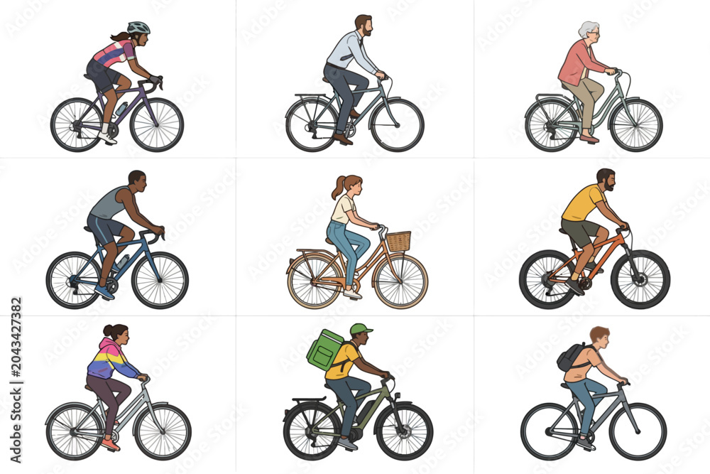 Obraz premium Diverse people riding various types of bicycles collection