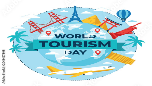 Schilderij op canvas World Tourism Day design showcases a stylized globe surrounded by famous architectural monuments