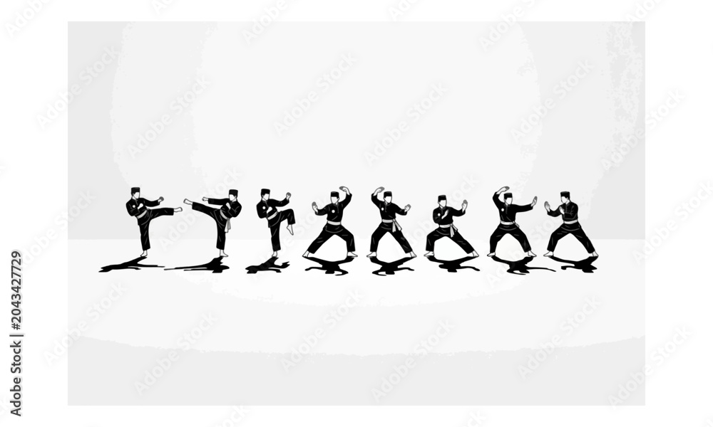 Obraz premium Pencak Silat Martial Arts Silhouettes Practicing Stances