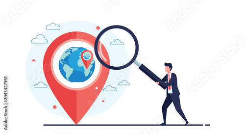 Global researcher uses giant magnifying glass to examine world map location inside red pin for international company search.
