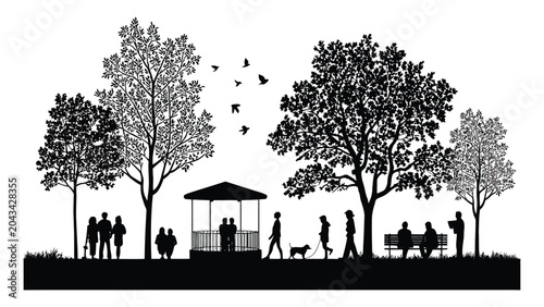 Quadro em tela Park silhouette shows groups of people and trees surrounding a gazebo