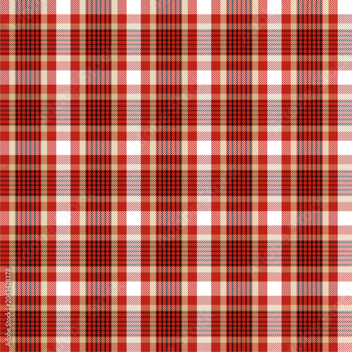 Classic plaid pattern in intense red, near-black dark brown, golden beige and white.