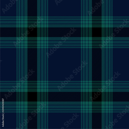 Classic plaid pattern in deep navy blue, dark teal green and black tones.