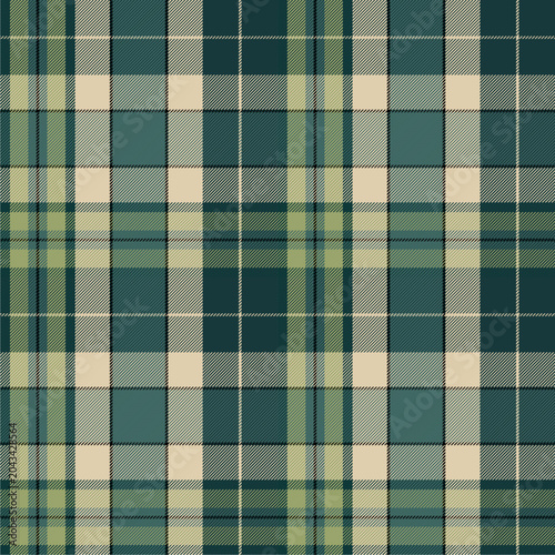 Plaid pattern in sophisticated tones of deep teal, dark blue-green, muted olive green, and light sand beige.