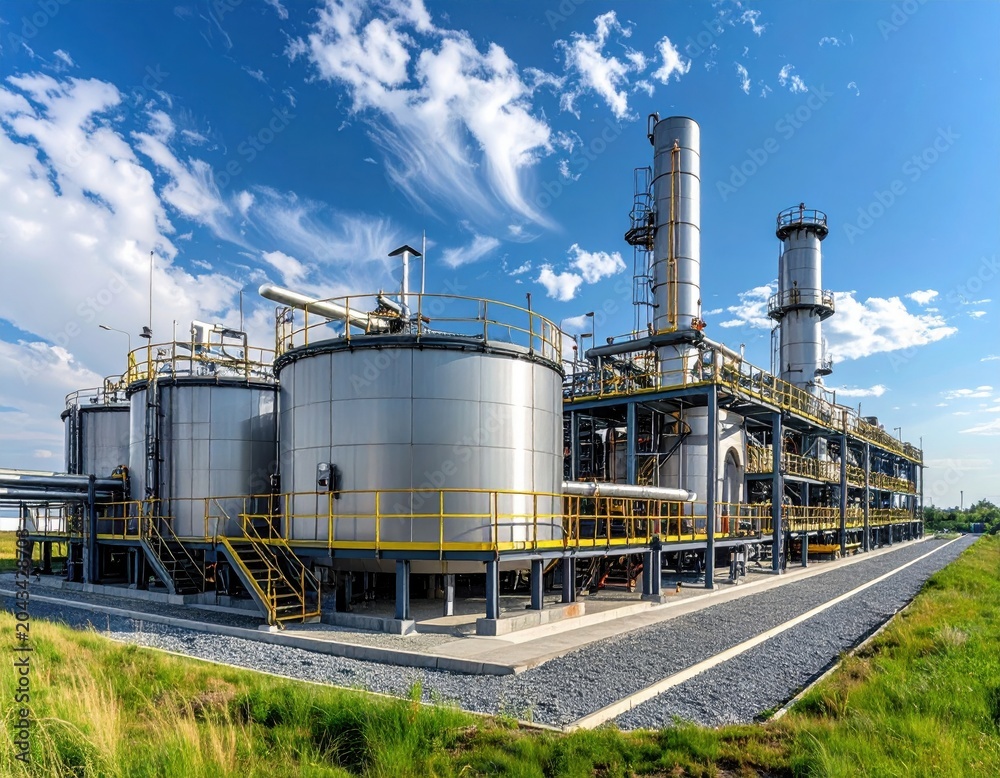 Obraz premium An industrial petrochemical oil refinery plant illuminates the night and morning sky, emitting steam and smoke from factory chimneys and towers during fuel production
