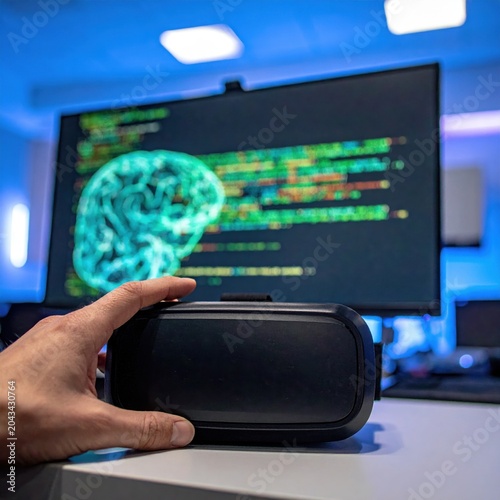 Person holding virtual reality headset in front of computer monitor with brain neural network code, artificial intelligence technology research