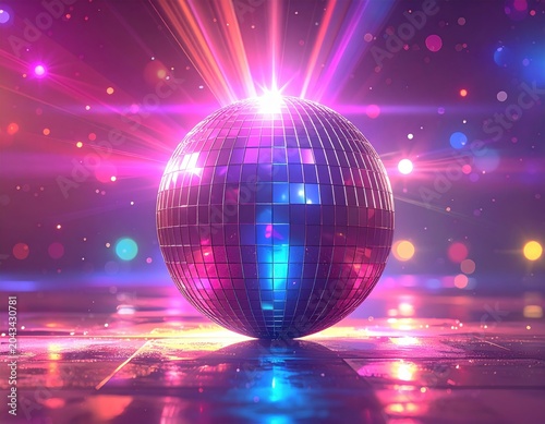 A colorful disco ball with bright glowing lights and a star-filled space backdrop creates a vibrant night party design illustration
