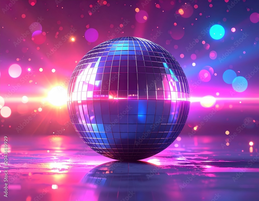 Obraz premium A colorful disco ball with bright glowing lights and a star-filled space backdrop creates a vibrant night party design illustration