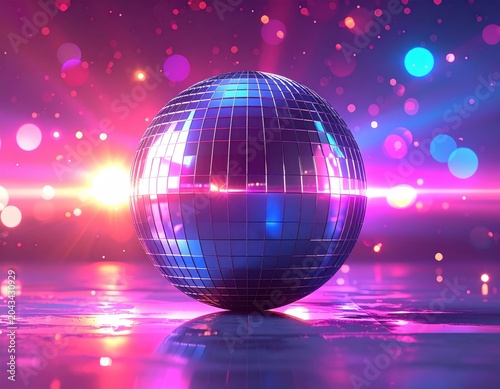 A colorful disco ball with bright glowing lights and a star-filled space backdrop creates a vibrant night party design illustration