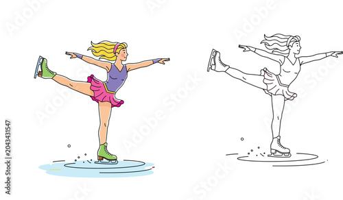 Female Figure Skater Illustration and Line Art Coloring Page Set, Professional Athlete Performing on Ice Rink, Winter Sports Vector Character for Kids Activity and Graphic Design