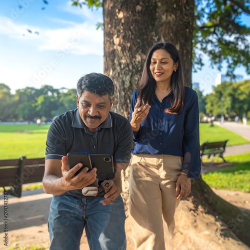 Smiling Middle Aged Man Showing Smartphone to Woman Beside Large Tree in Sunny Park