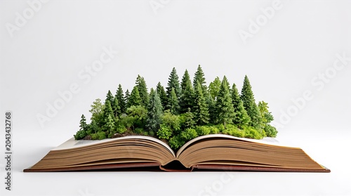 Green forest growing from open book pages on white background environmental education concept