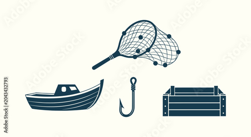 Photography Nautical Fishing Equipment Vector Icon Set with Boat Landing Net Hook and Wooden