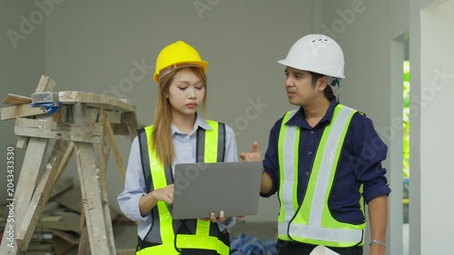 Construction site worker woman man laptop hard hat safety vest discussion planning and review two worker indoors engineering inspection with team plan